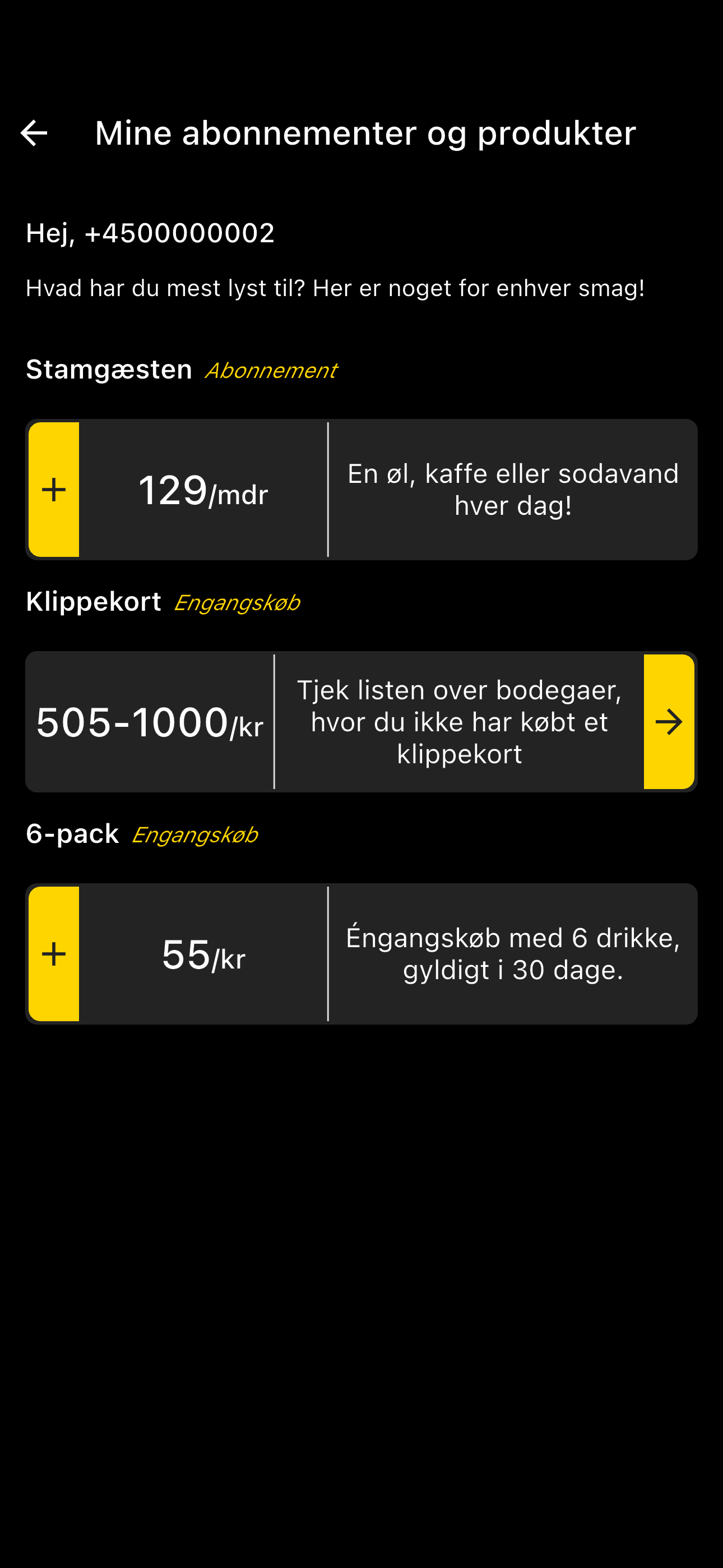Offer selection — subscription, Klippekort and 6-Pack