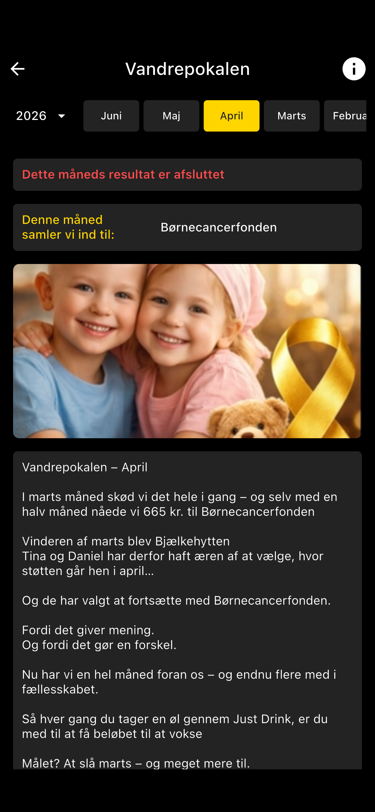Vandrepokalen — monthly donation cycle with a chosen cause